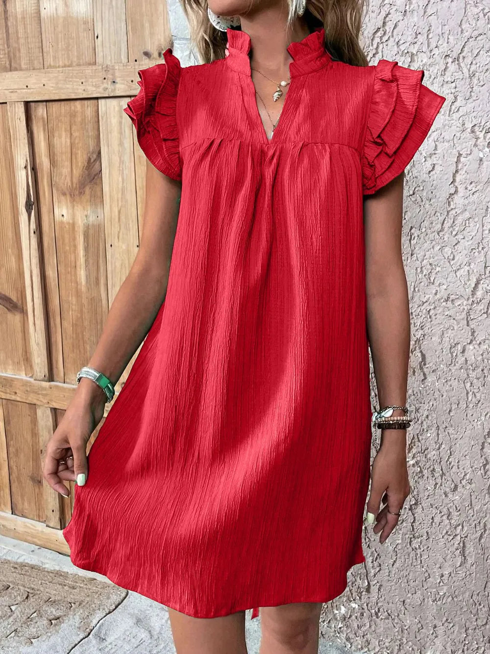 Ruffled Notched Cap Sleeve Mini Dress - Roe Creation