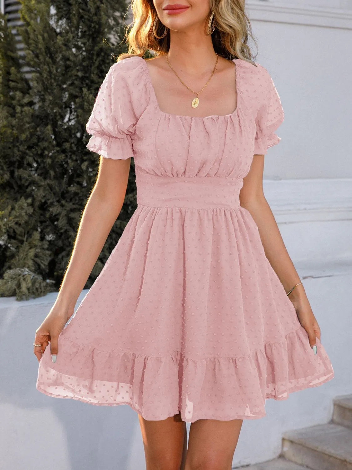 Swiss Dot Short Sleeve Mini Dress - Roe Creation