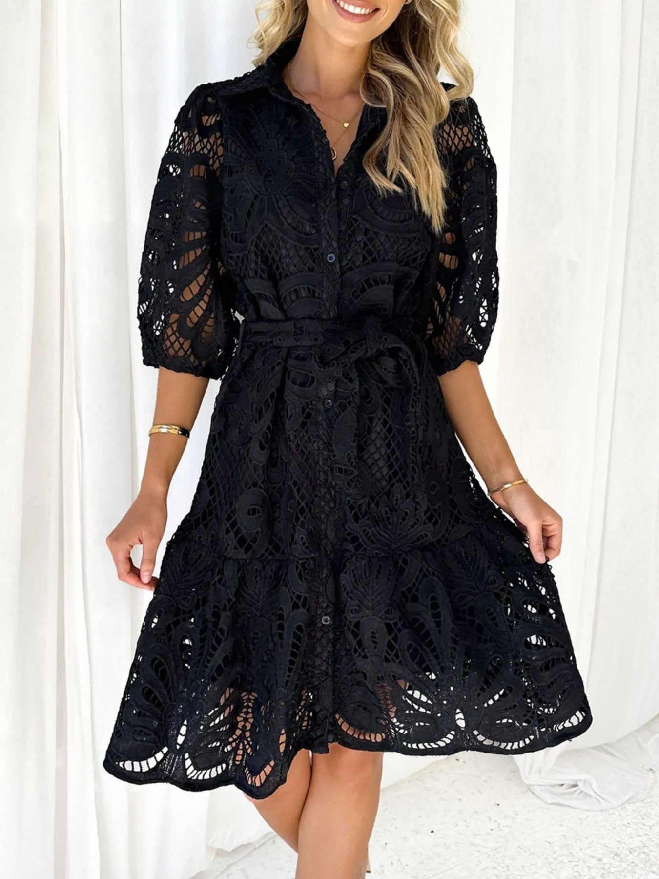 Lace Tie Waist Half Sleeve Dress - Roe Creation