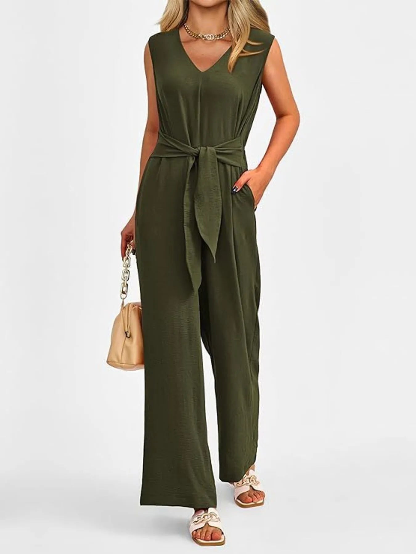 V-Neck Sleeveless Wide-Leg Jumpsuit with Waist Tie - Roe Creation