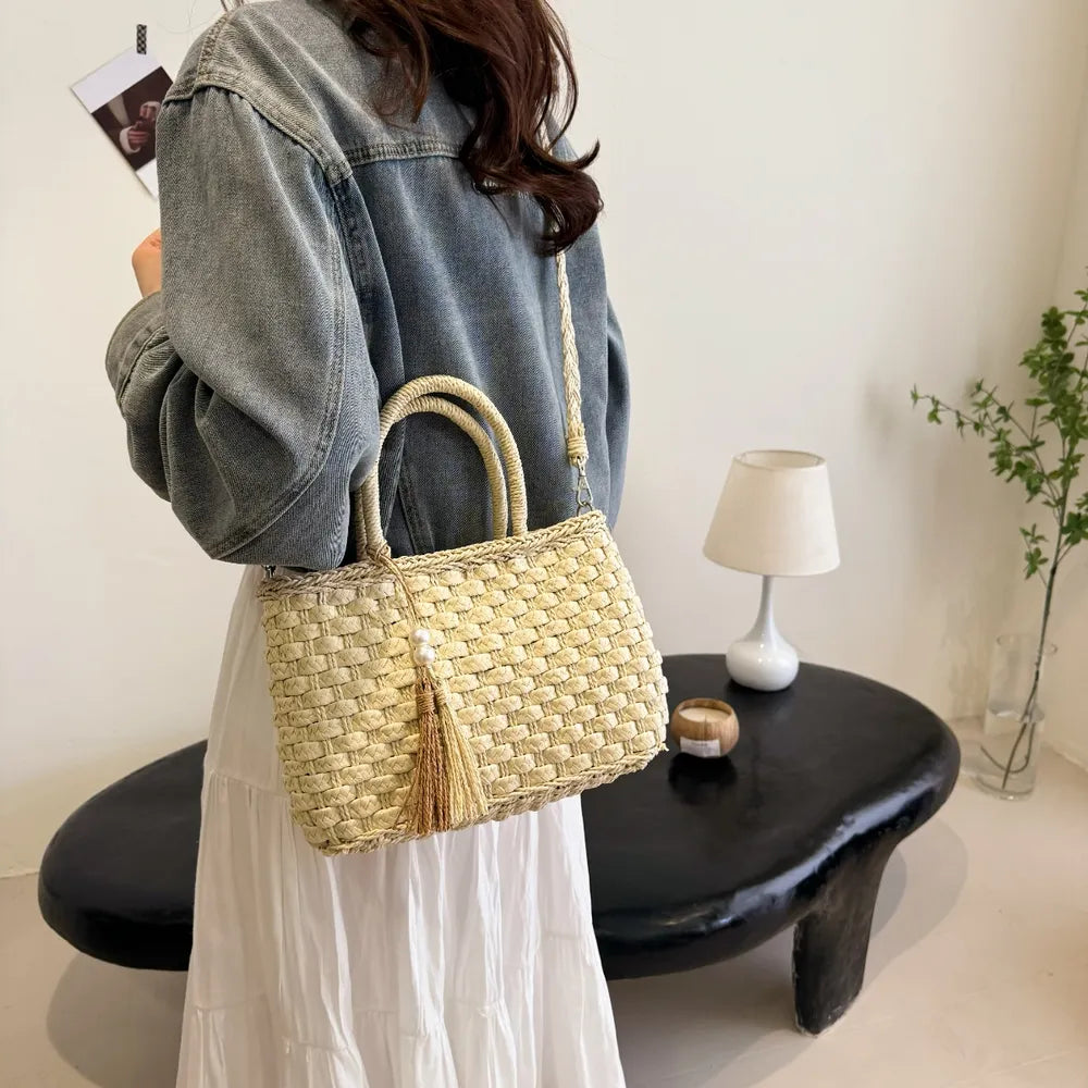 Braided Strap Paper Weave Shoulder Bag - Roe Creation