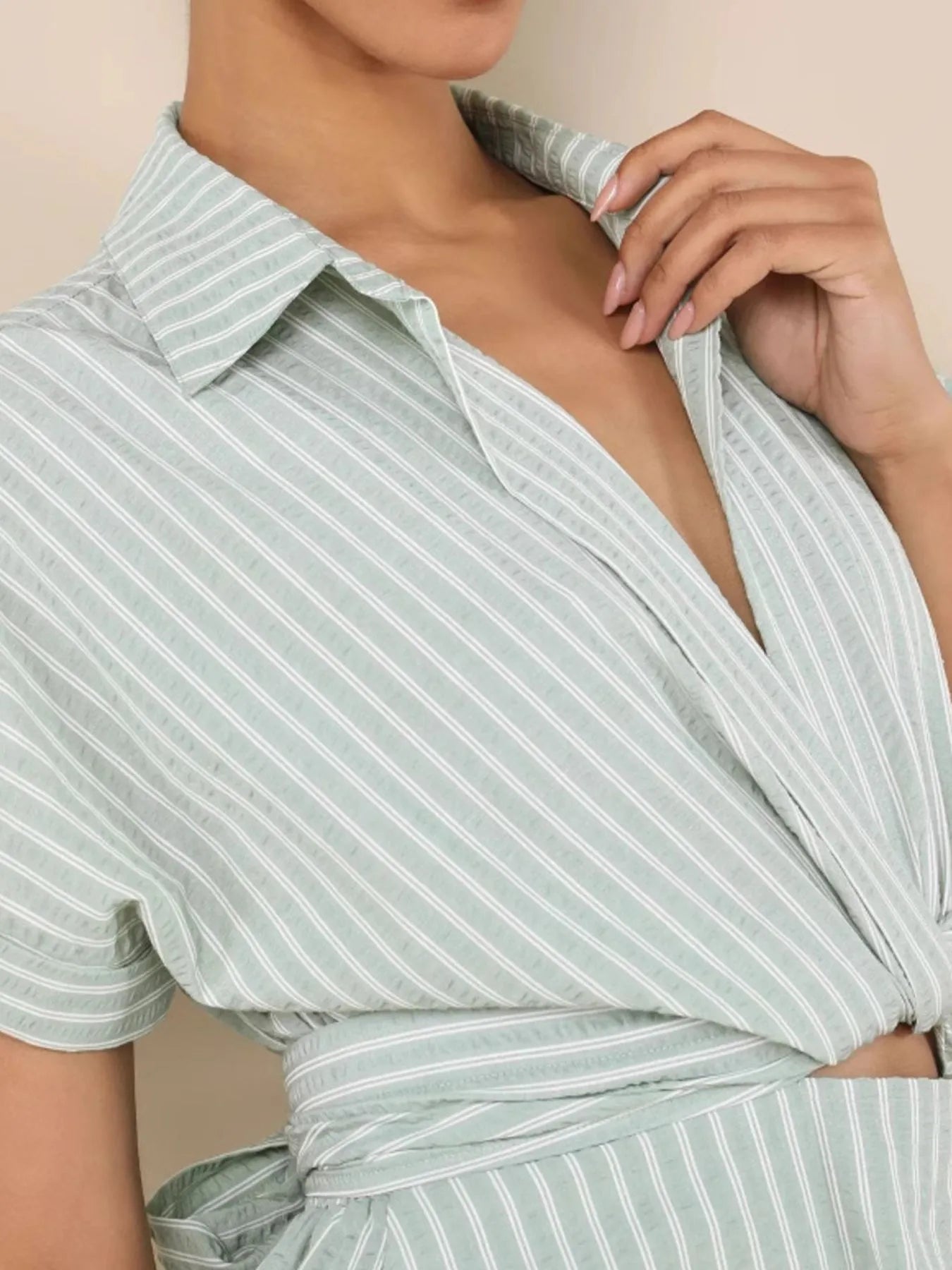 Striped Cutout Front Short Sleeve Shirt Dress - Roe Creation