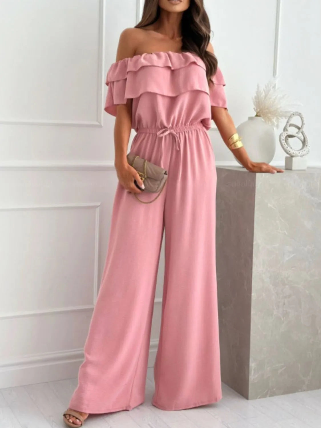 Off-Shoulder Ruffled Wide Leg Jumpsuit - Roe Creation