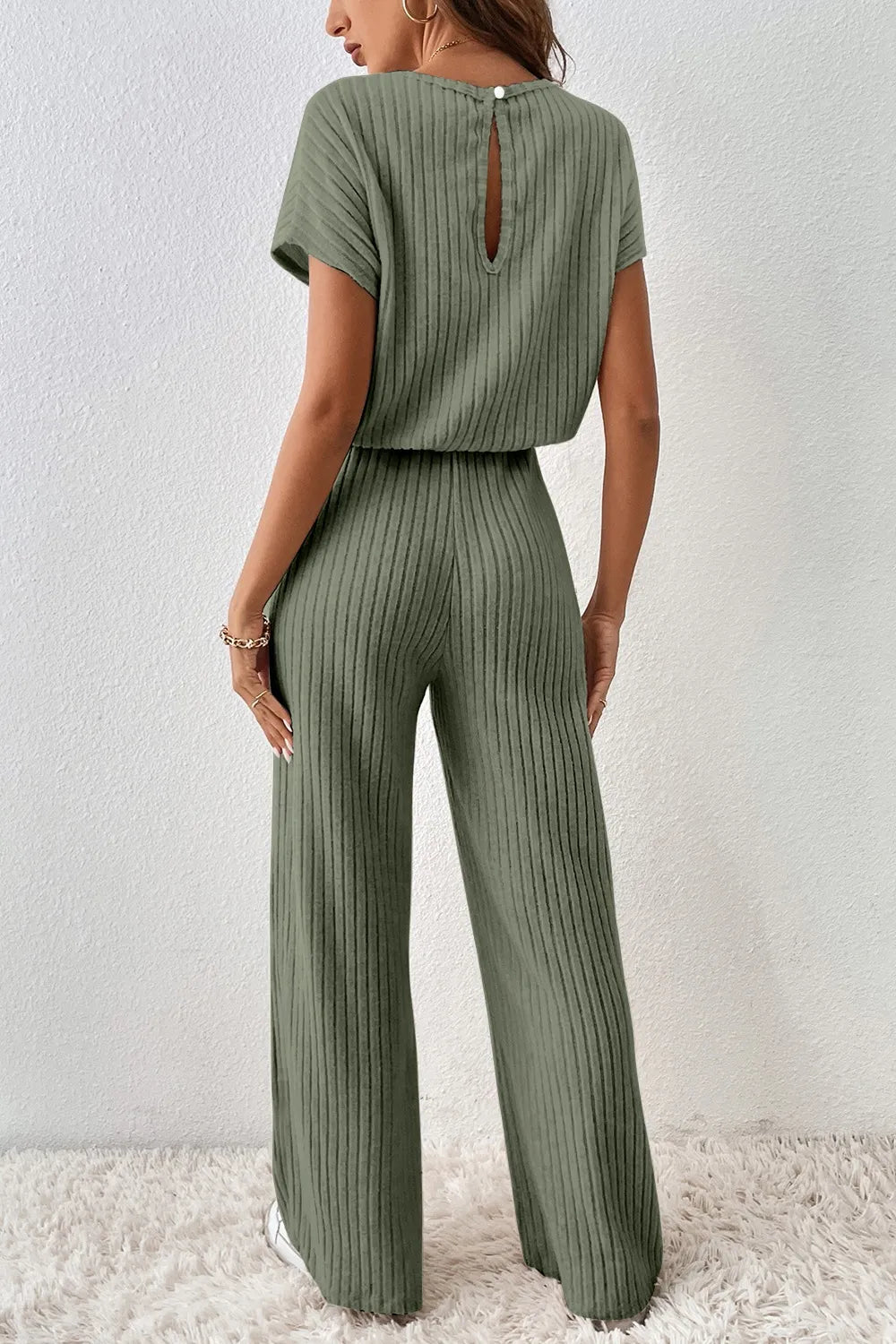 Ribbed Short Sleeve Wide Leg Jumpsuit - Roe Creation