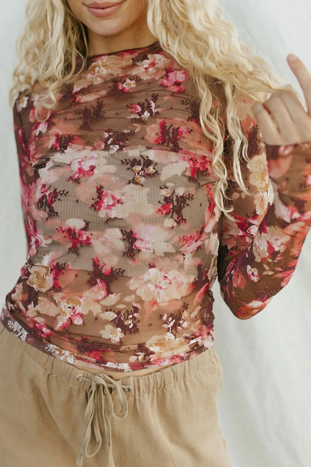 Floral Mock Neck Long Sleeve Sheer Top - Roe Creation