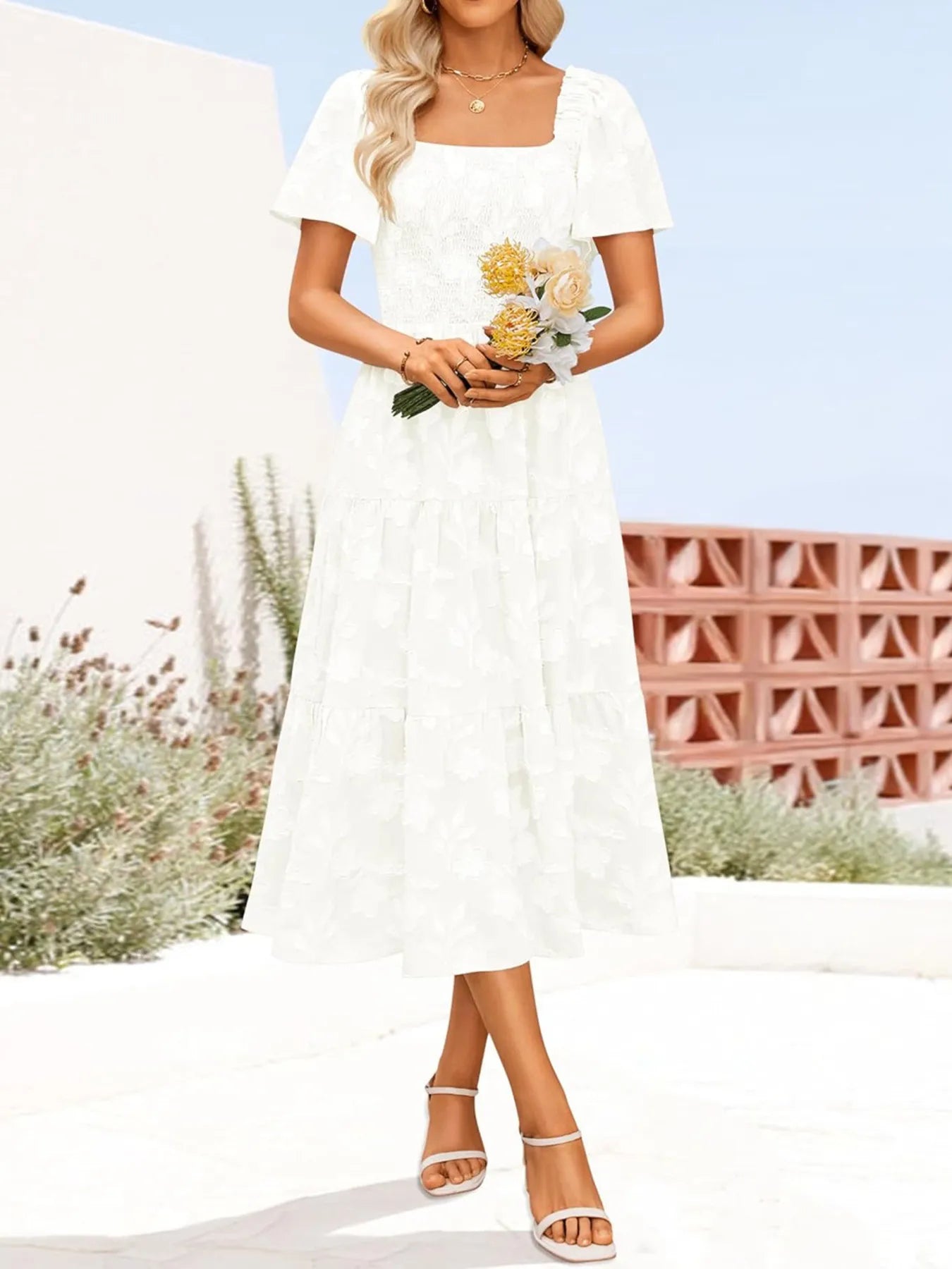Smocked Square Neck Short Sleeve Dress - Roe Creation