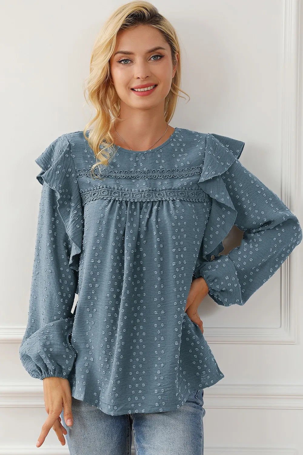 Women’s Round Neck Ruffled Blouse with Lace Detail – Elegant Casual Top - Roe Creation