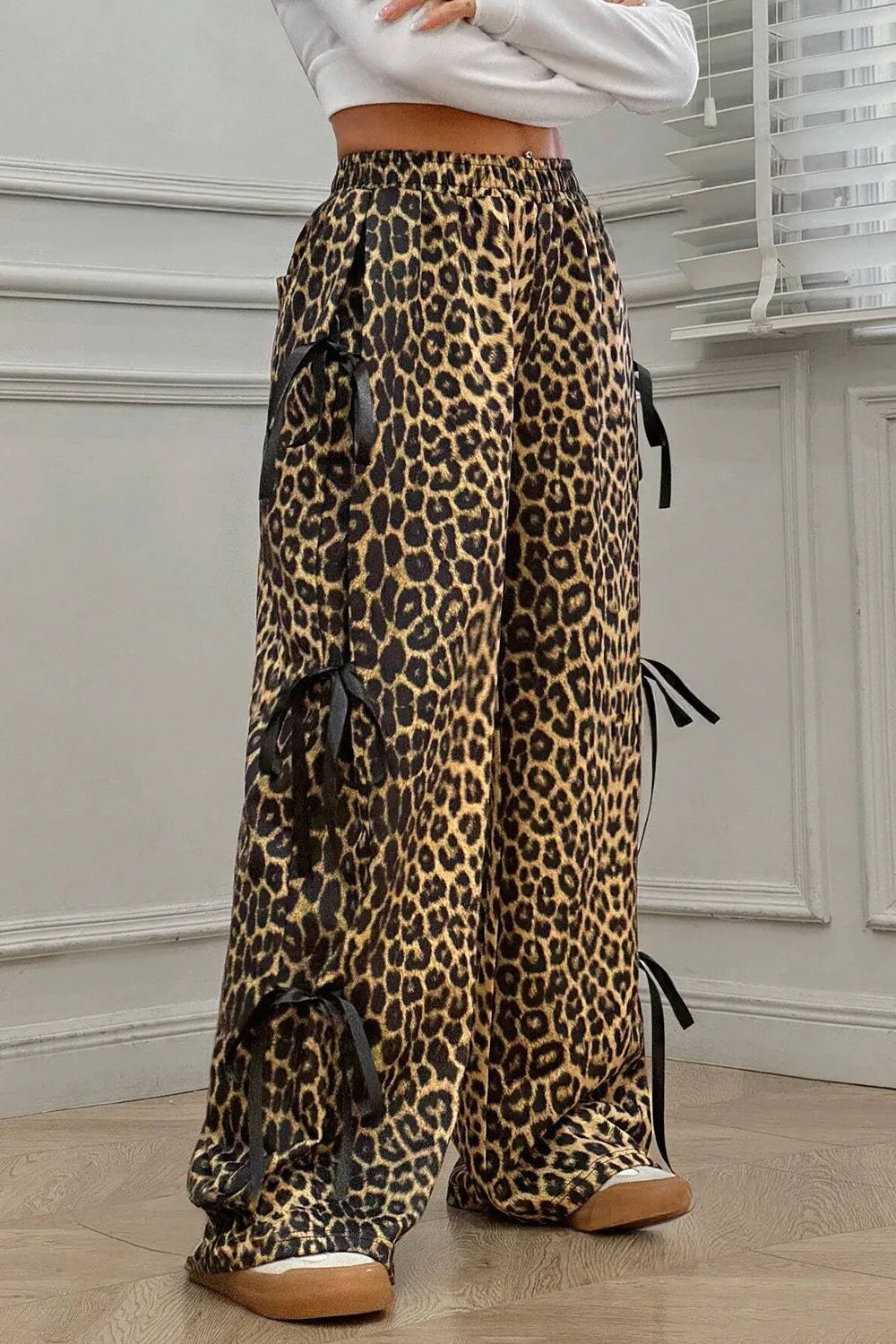 Leopard Bow Tie Elastic Waist Pants - Roe Creation