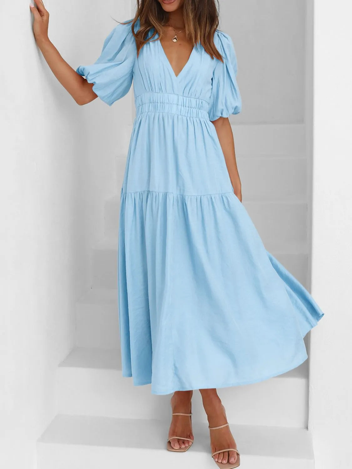 V-Neck Puff Sleeve Midi Dress - Roe Creation