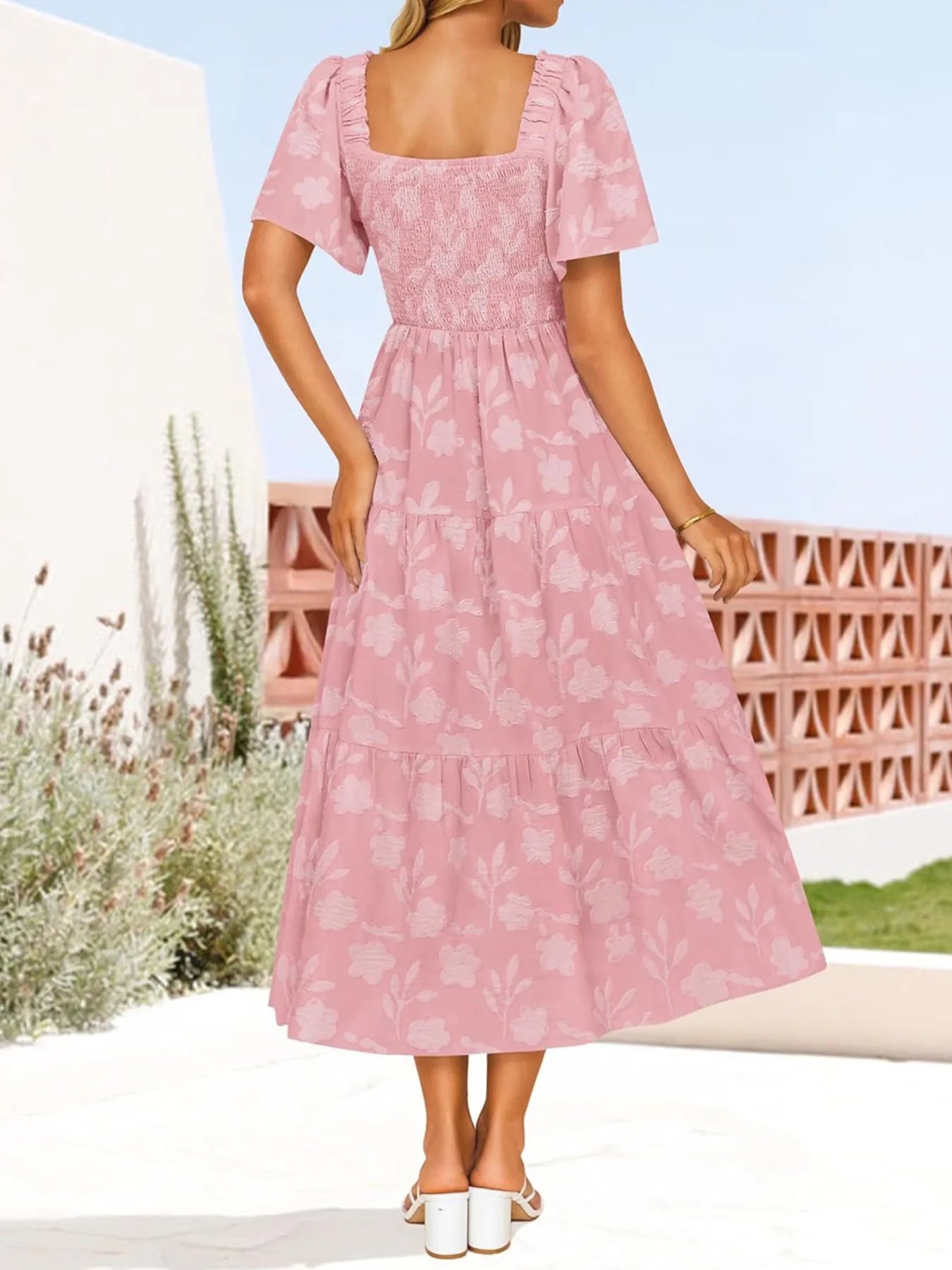 Smocked Square Neck Short Sleeve Dress - Roe Creation