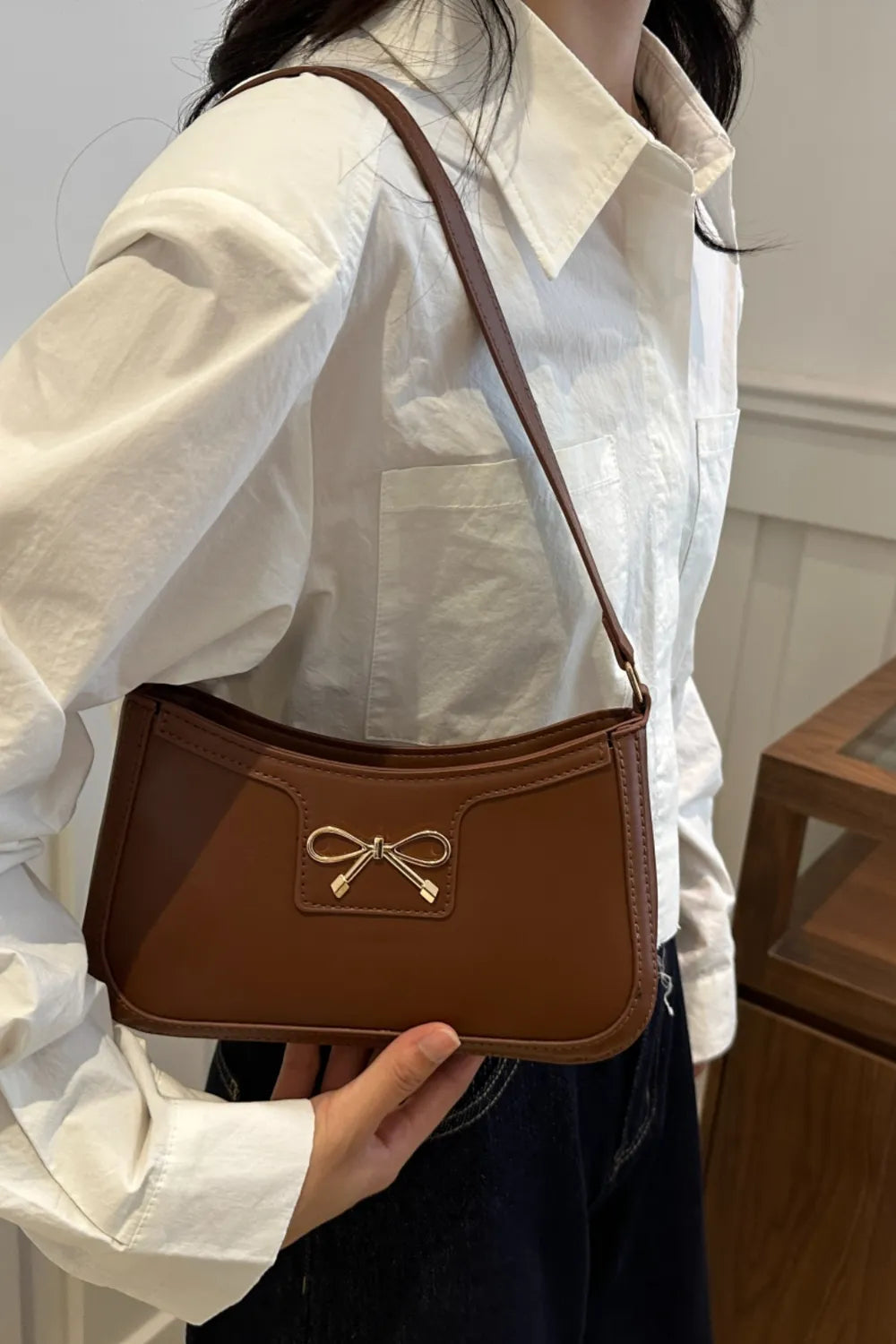 Bow Trim PU Leather Shoulder Bag - Roe Creation