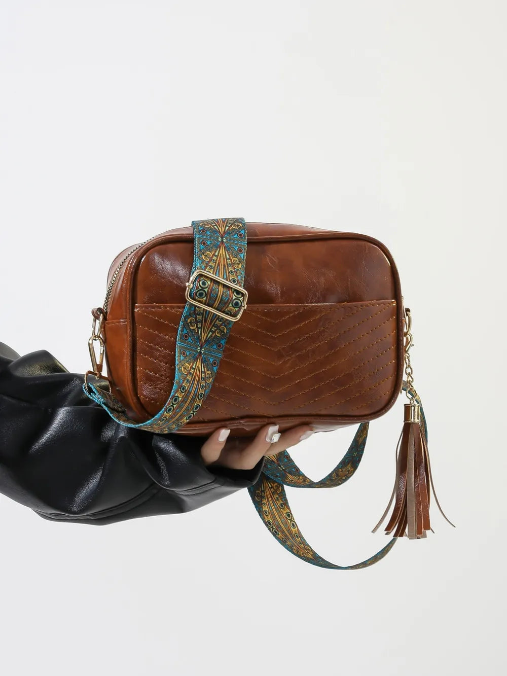 Tassel Cassette Vintage Crossbody Bag with PU Leather and Printed Strap - Roe Creation
