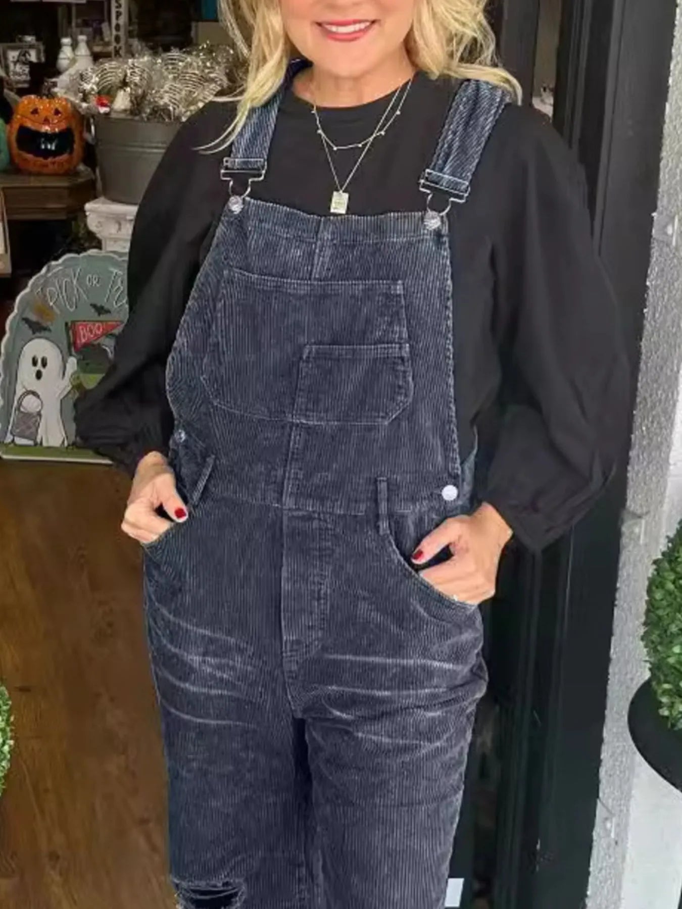 Distressed Wide Leg Corduroy Overalls - Roe Creation