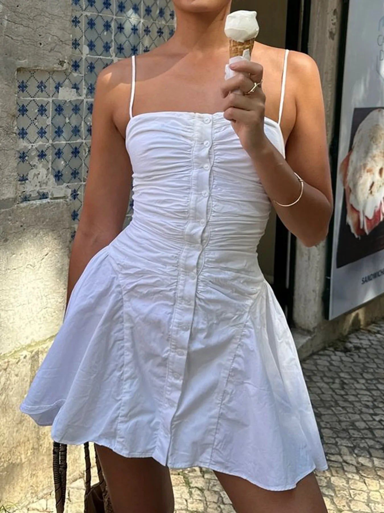 Ruched Button-Front Summer Dress - Roe Creation