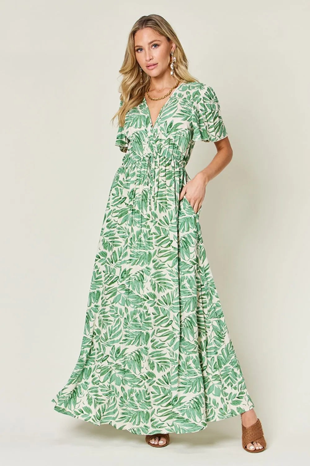 Double Take Full Size Printed Drawstring Short Sleeve Dress - Roe Creation
