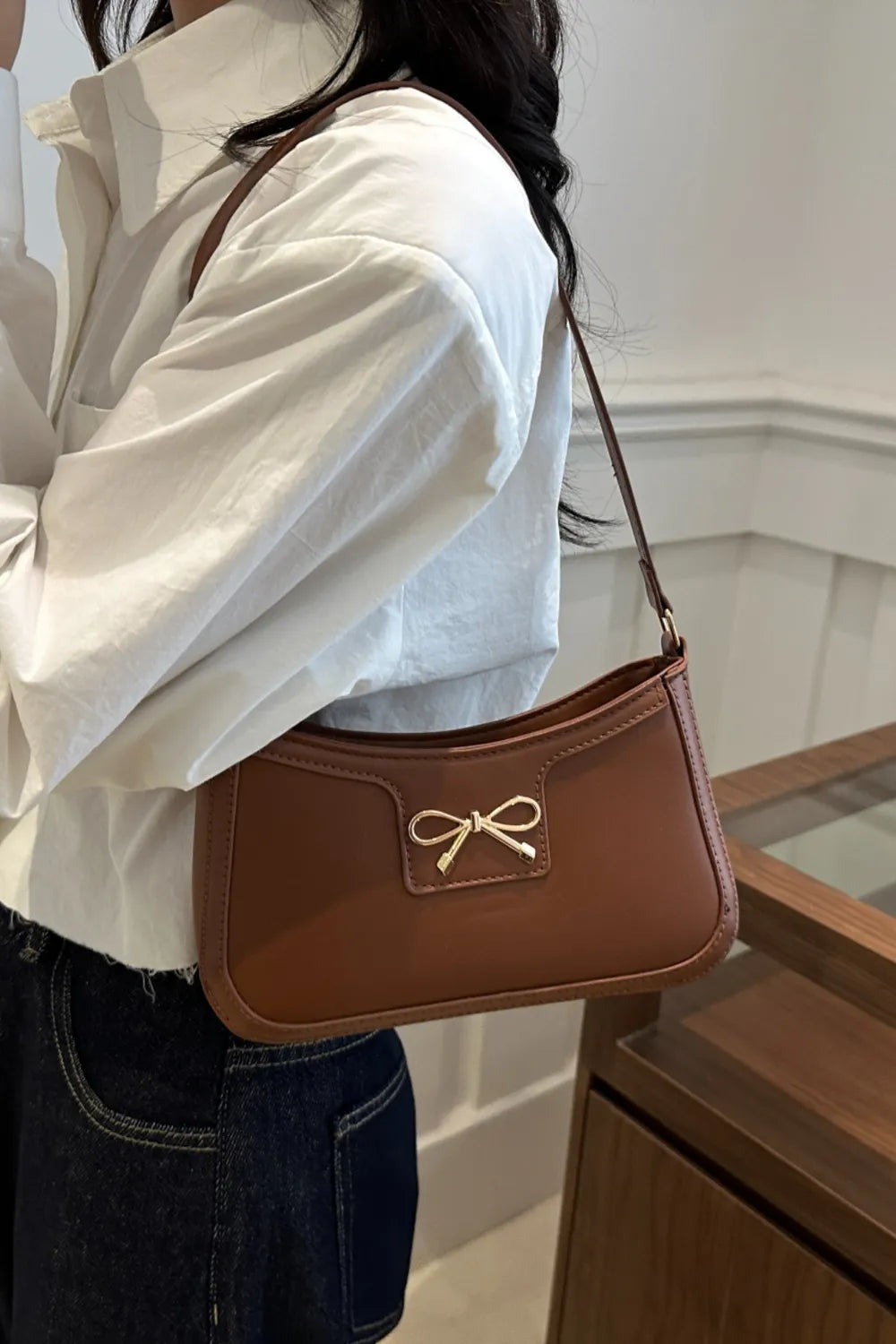 Bow Trim PU Leather Shoulder Bag - Roe Creation
