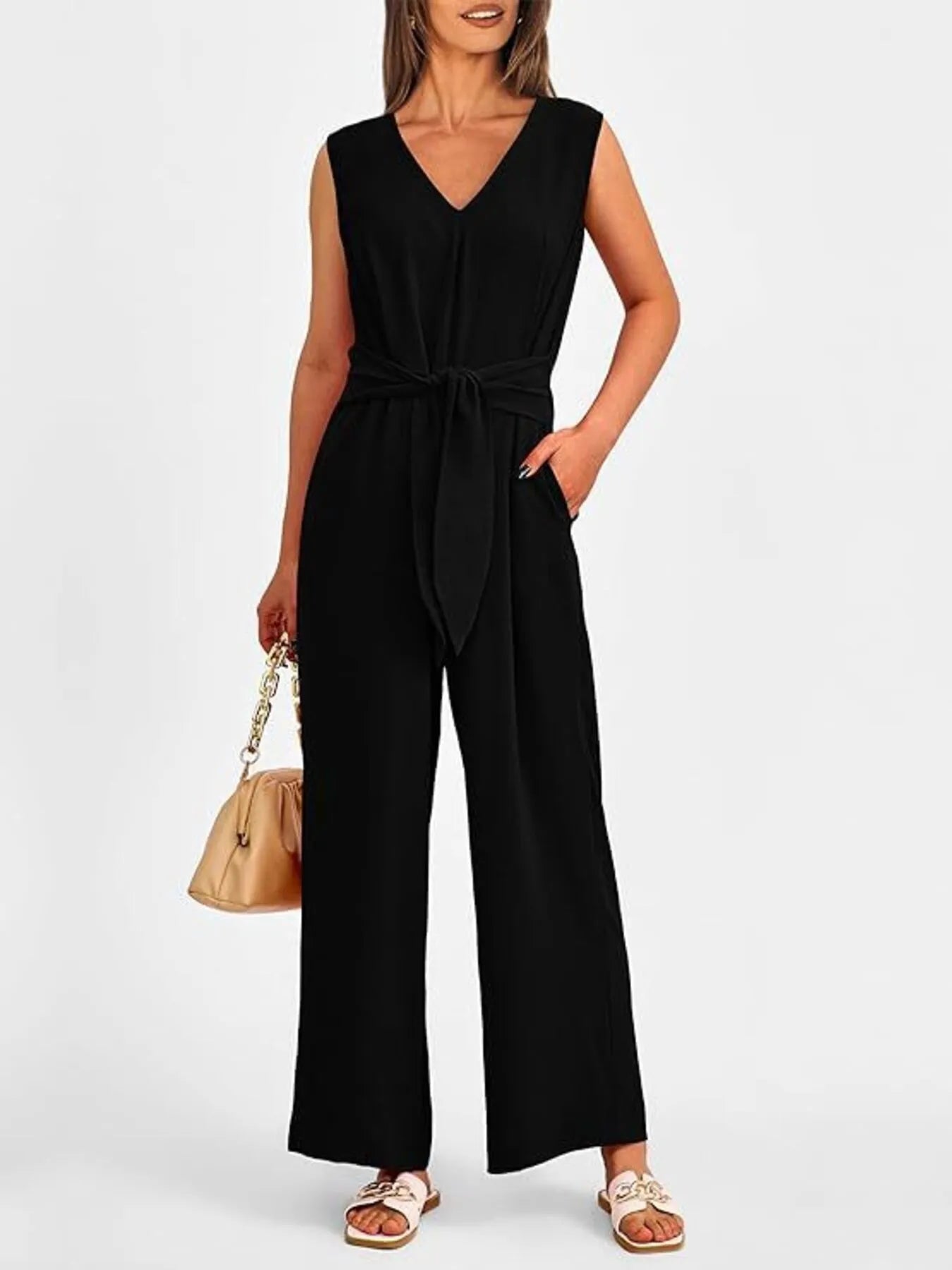 V-Neck Sleeveless Wide-Leg Jumpsuit with Waist Tie - Roe Creation