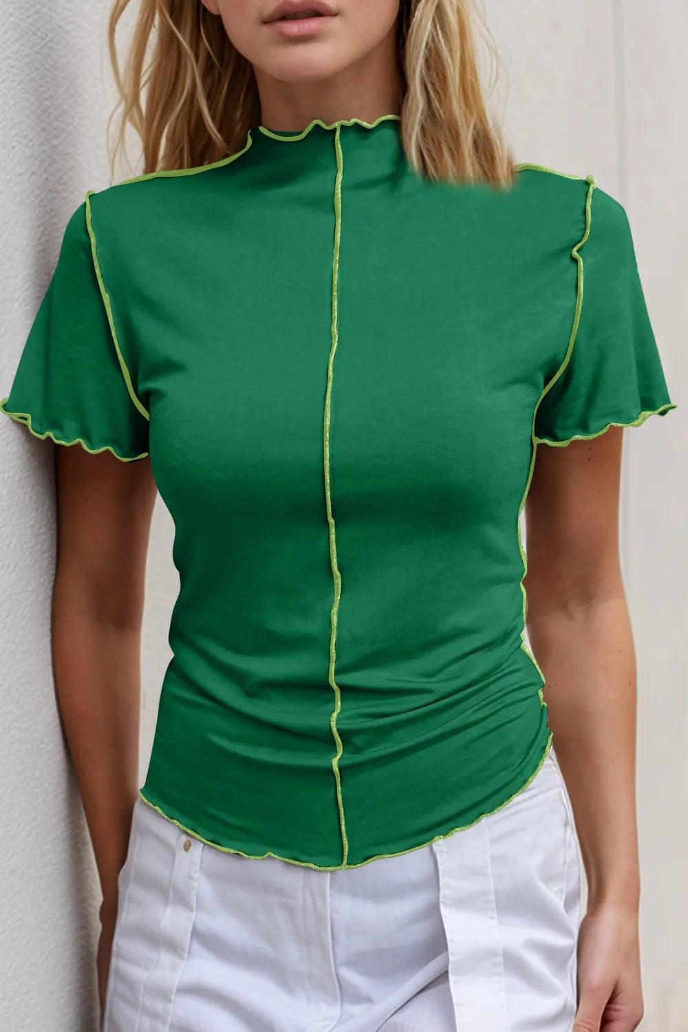 Basic Bae Contrast Trim Mock Neck Short Sleeve T-Shirt - Roe Creation