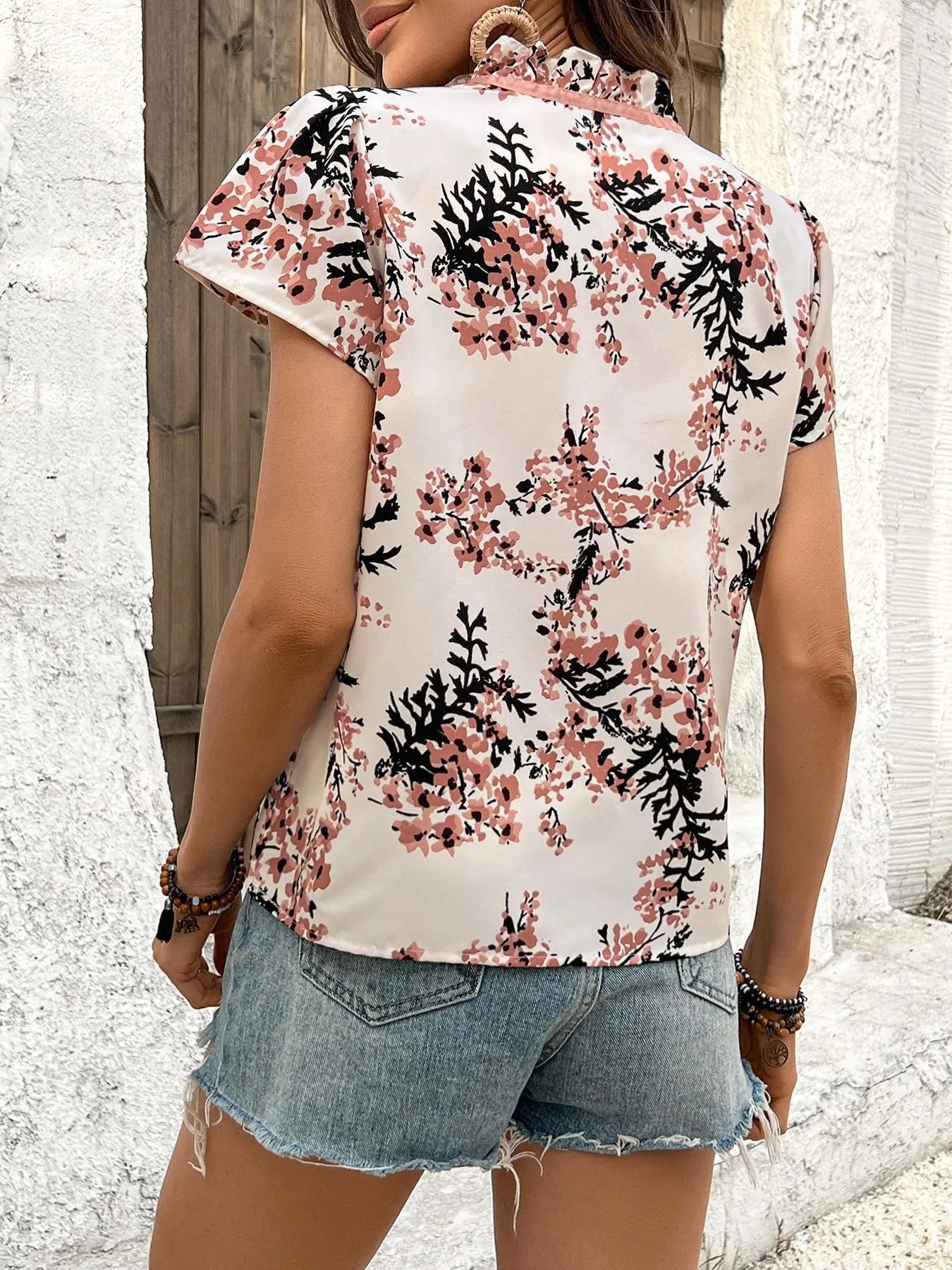 Floral Tie Neck Short Sleeve Blouse - Roe Creation
