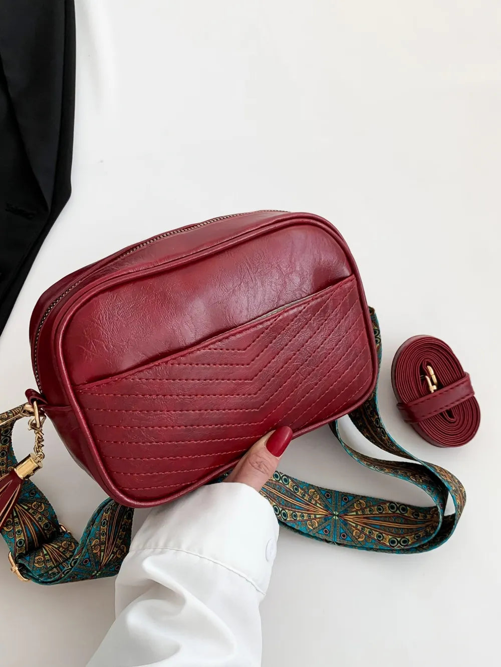 Tassel Cassette Vintage Crossbody Bag with PU Leather and Printed Strap - Roe Creation