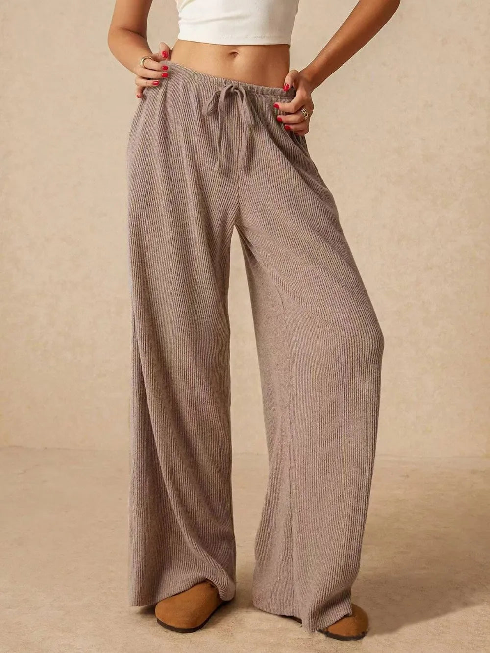 Ribbed Drawstring Wide Leg Pants - Roe Creation