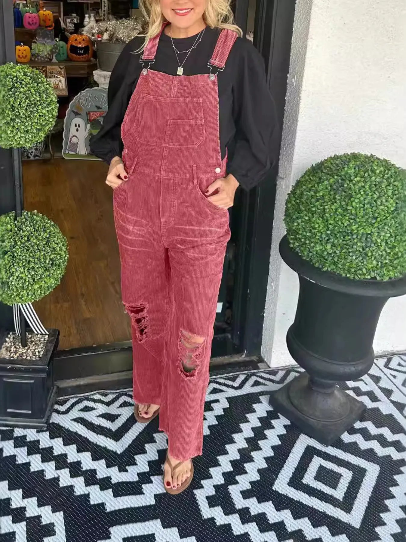 Distressed Wide Leg Corduroy Overalls - Roe Creation