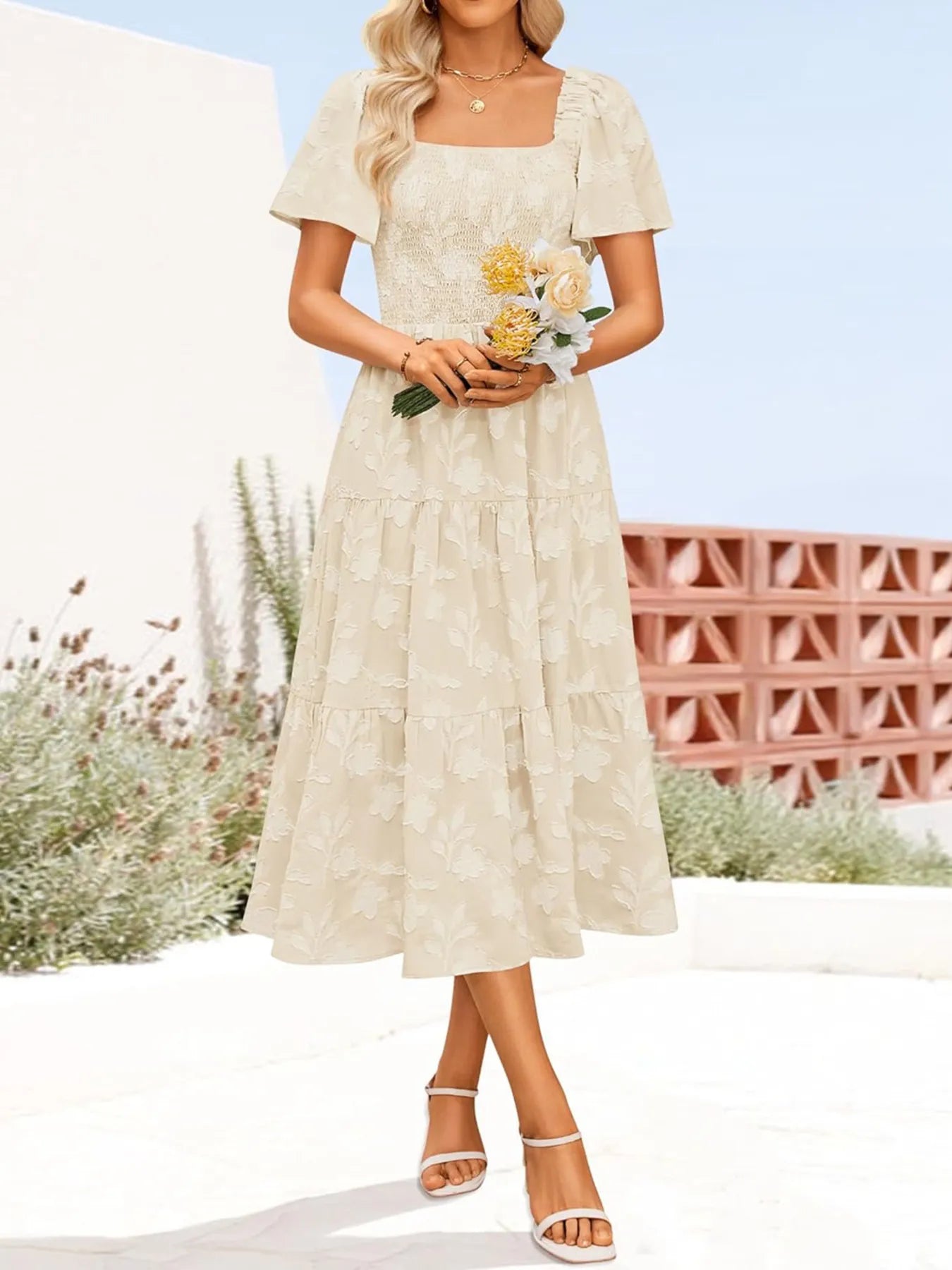 Smocked Square Neck Short Sleeve Dress - Roe Creation