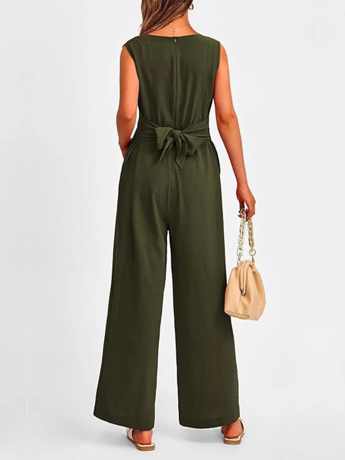 V-Neck Sleeveless Wide-Leg Jumpsuit with Waist Tie - Roe Creation