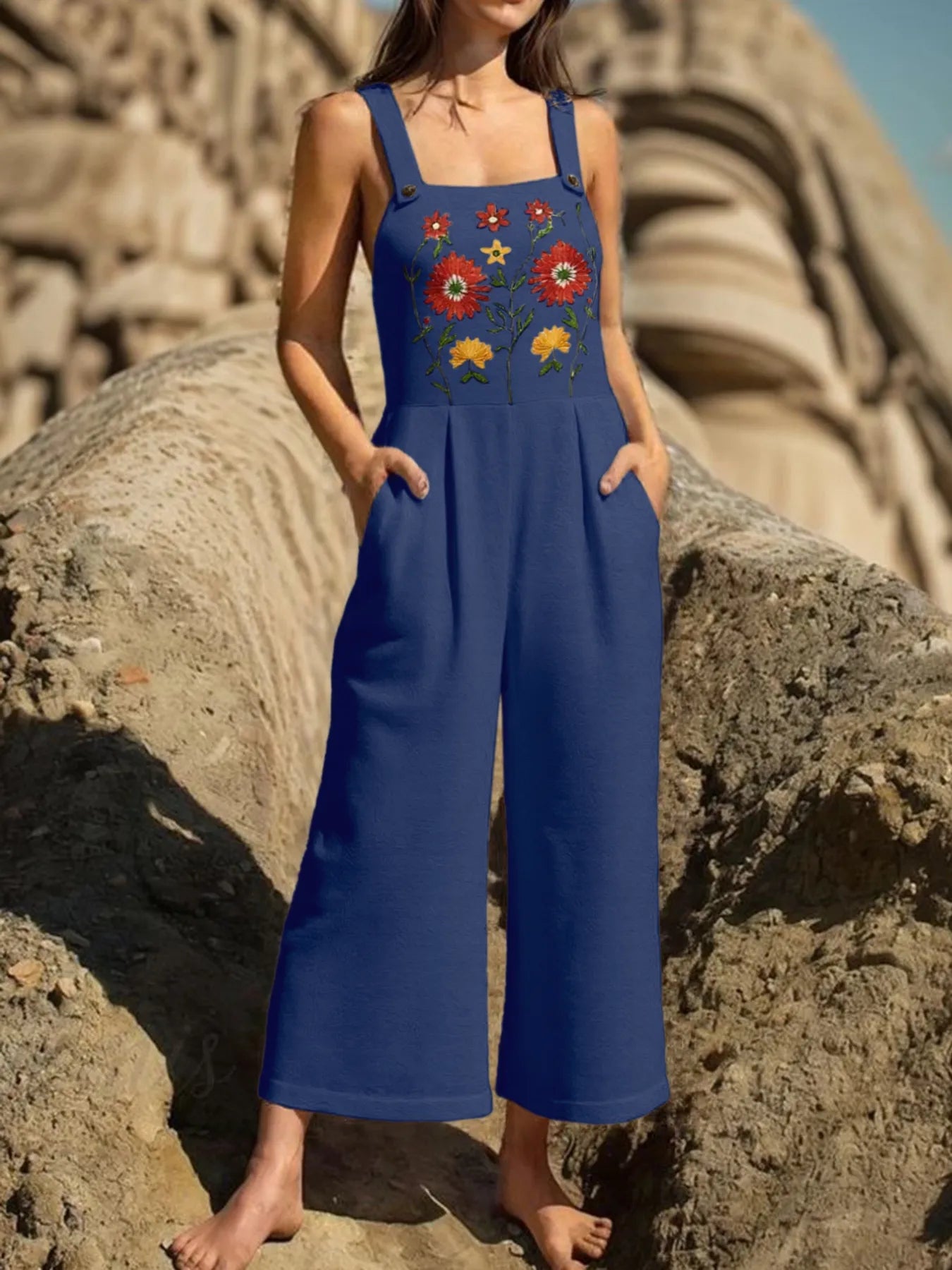 Floral Embroidered Wide Leg Jumpsuit - Roe Creation
