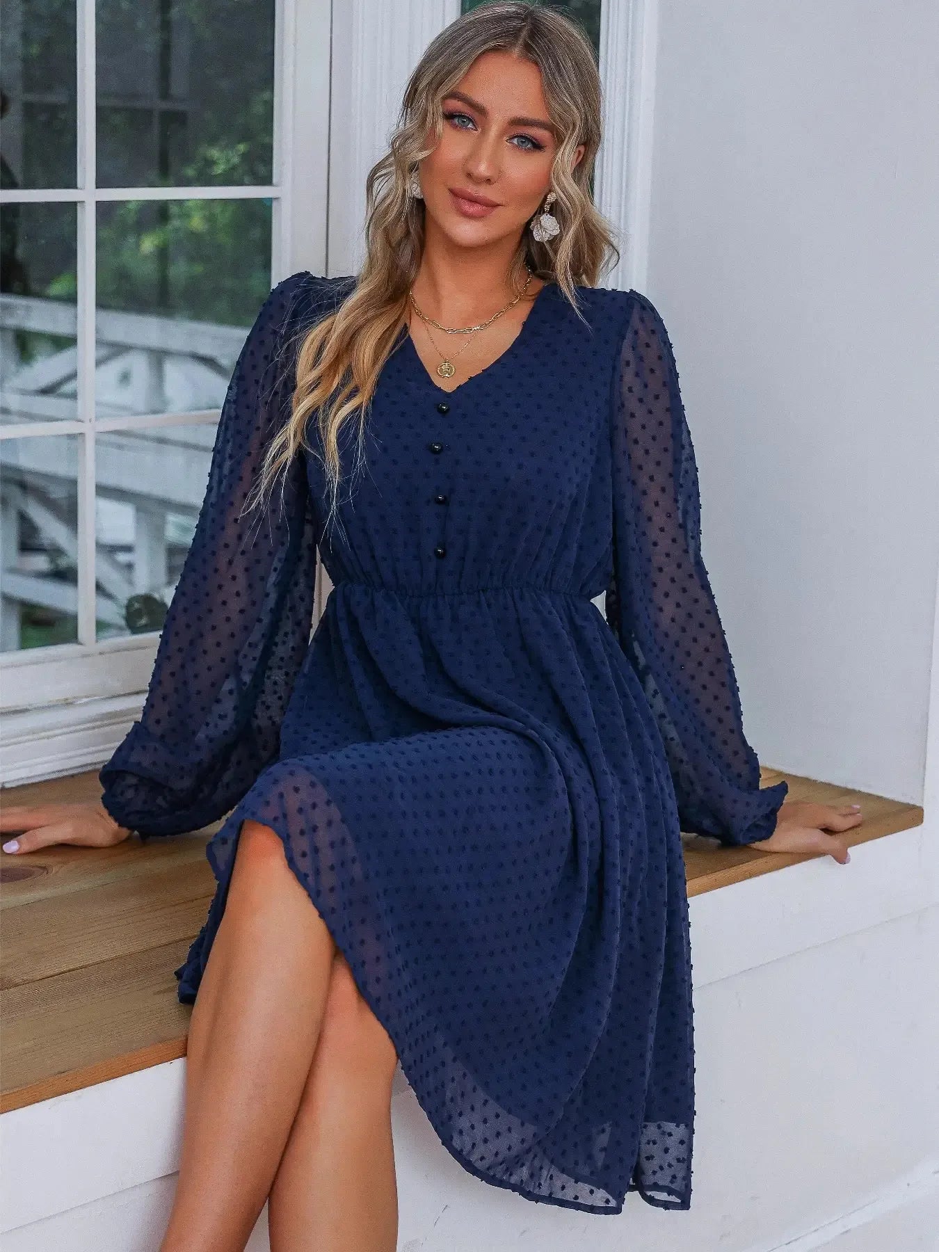 Swiss Dot V-Neck Balloon Sleeve Dress - Roe Creation
