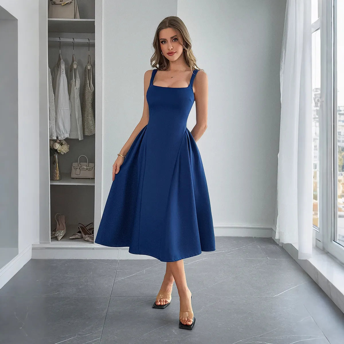 Square Neck Wide Strap Midi Dress - Roe Creation