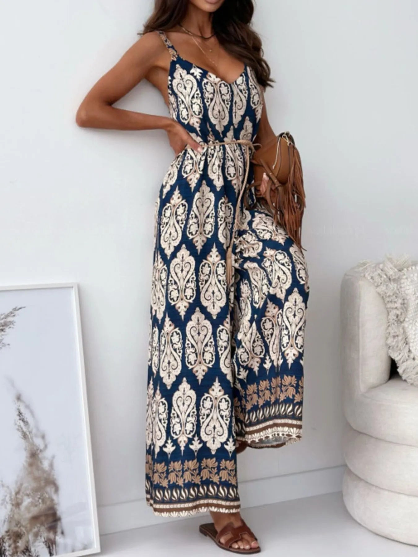 Paisley Print Spaghetti Strap Wide Leg Jumpsuit - Roe Creation