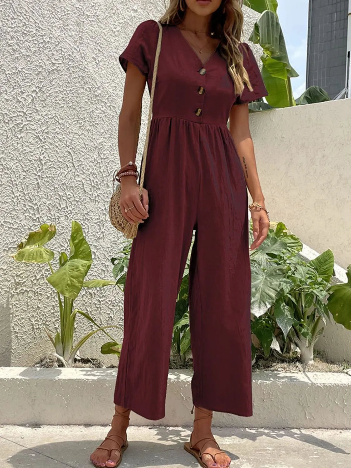 V-Neck Short Sleeve Wide Leg Jumpsuit - Roe Creation