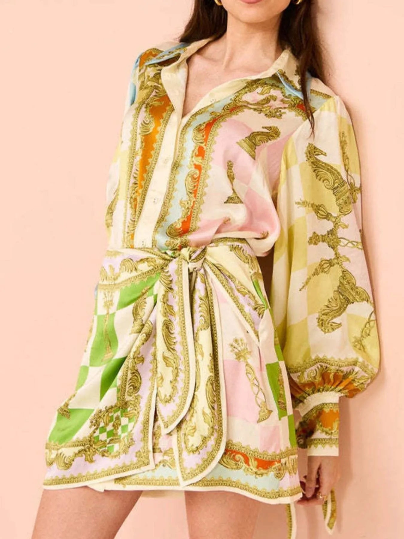 Printed Lantern Sleeve Shirt Dress - Roe Creation
