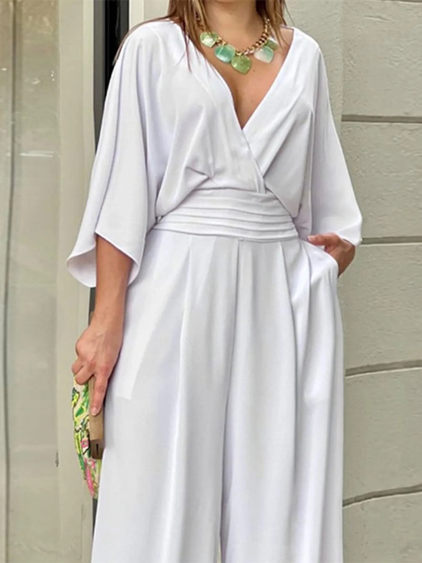 Full Size Wide-Leg Wrap Jumpsuit with Kimono Sleeves Plus Size - Roe Creation
