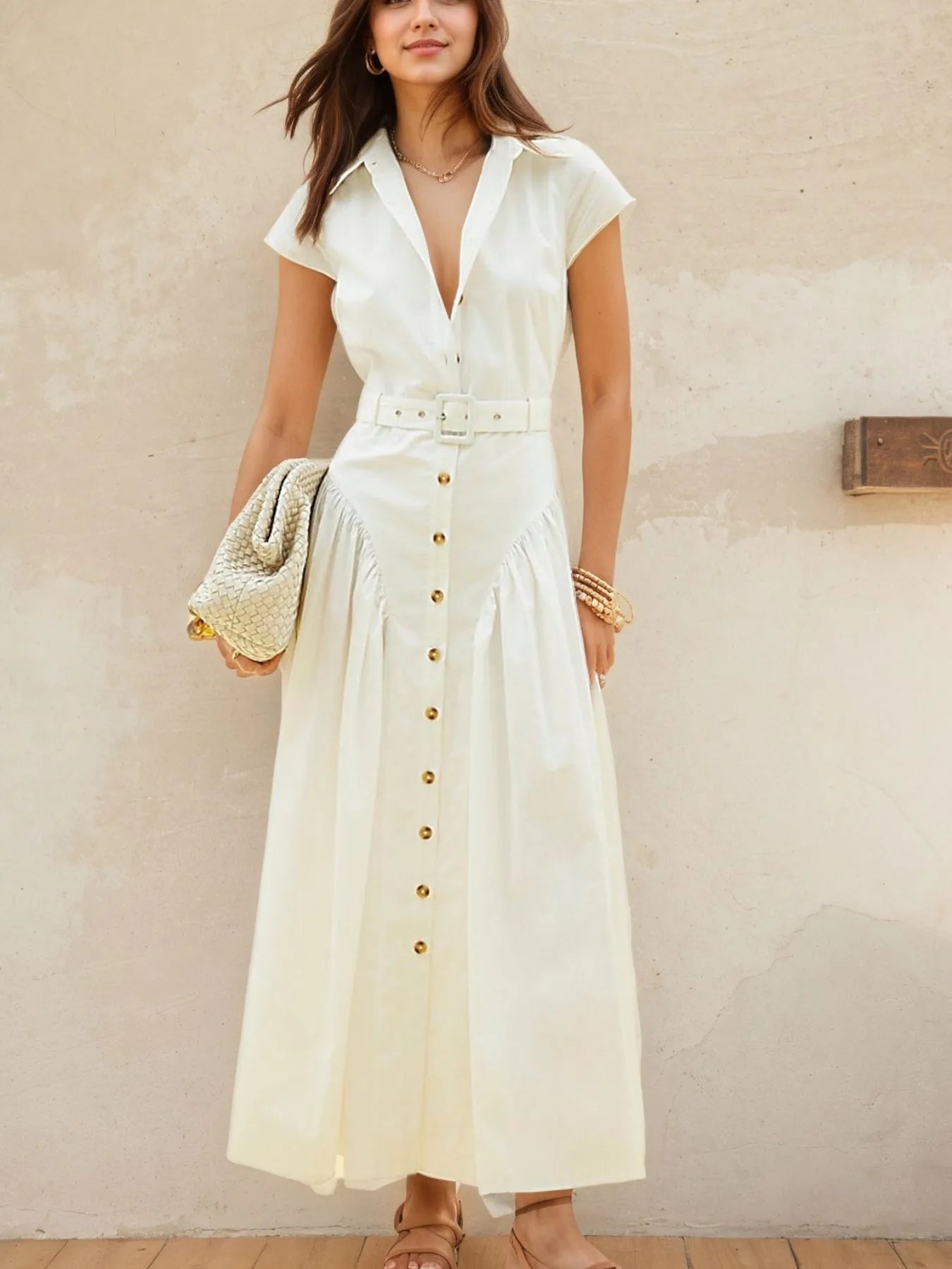 Button-Front Cap Sleeve Midi Shirt Dress - Roe Creation