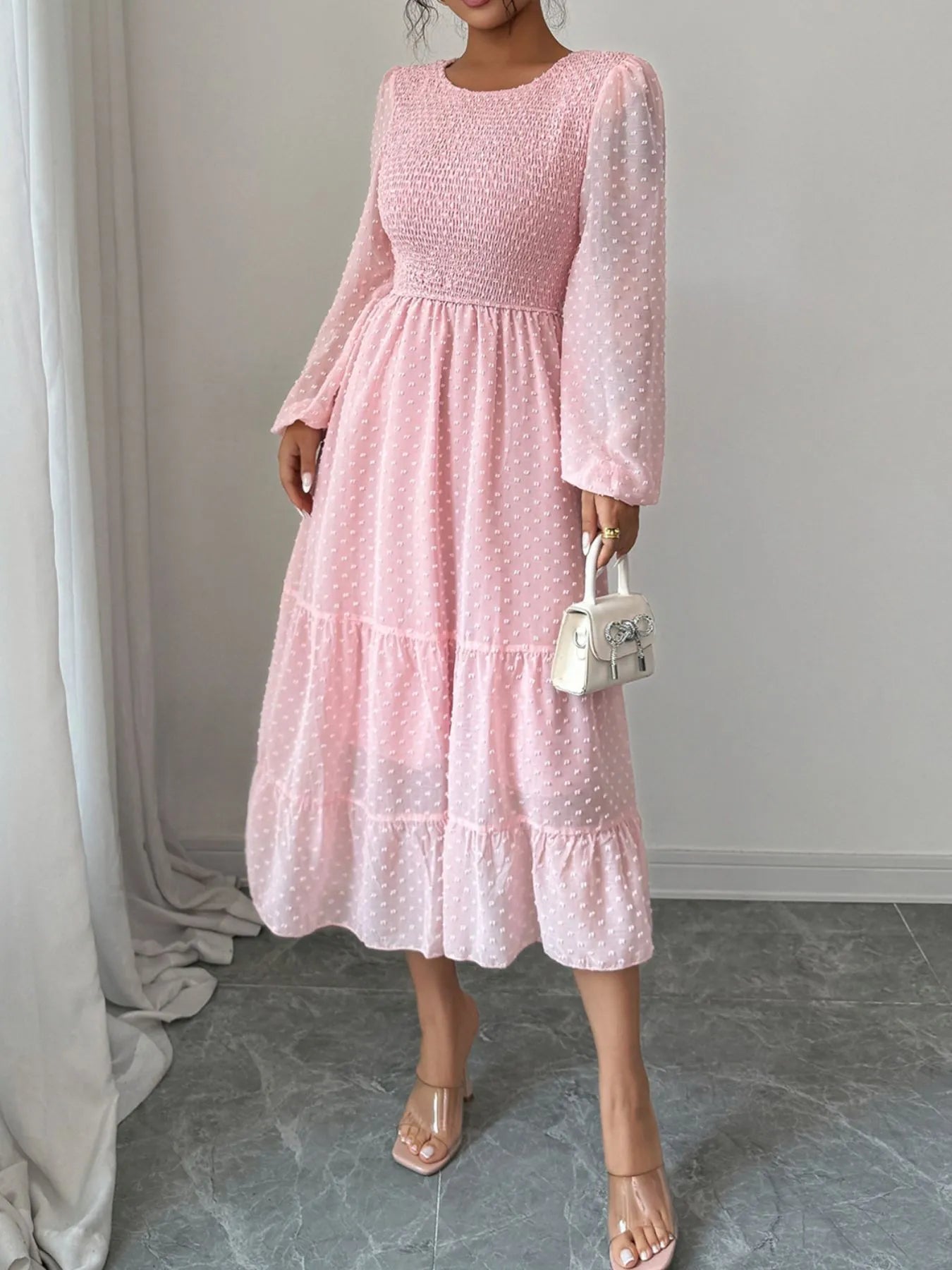 Polka Dot Long Sleeve Tiered Midi Dress - Roe Creation