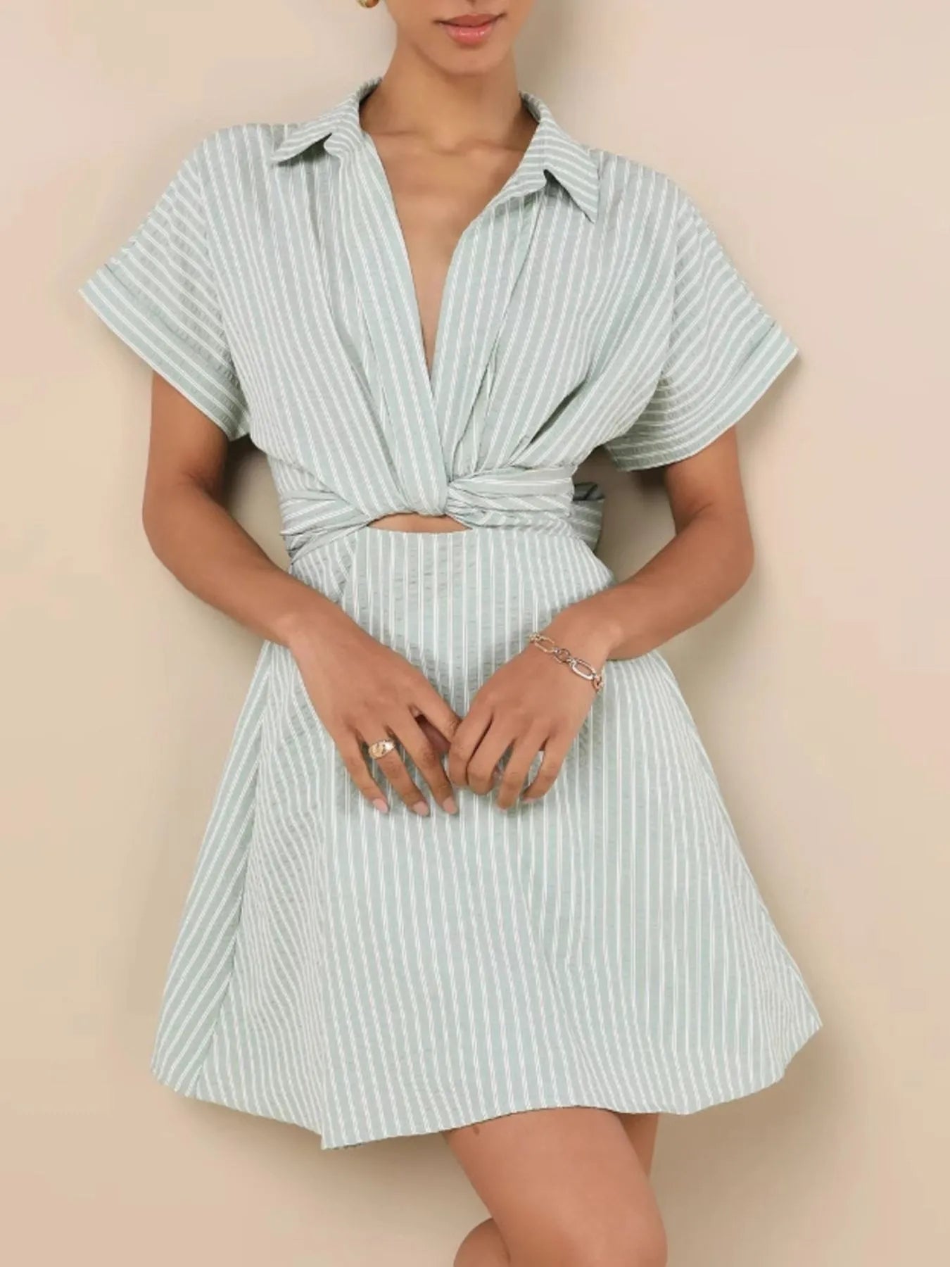 Striped Cutout Front Short Sleeve Shirt Dress - Roe Creation