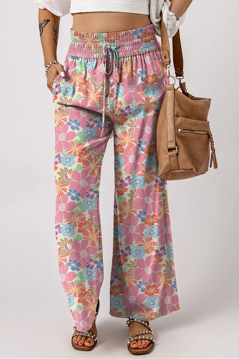Drawstring High Waist Printed Wide leg Pants - Roe Creation