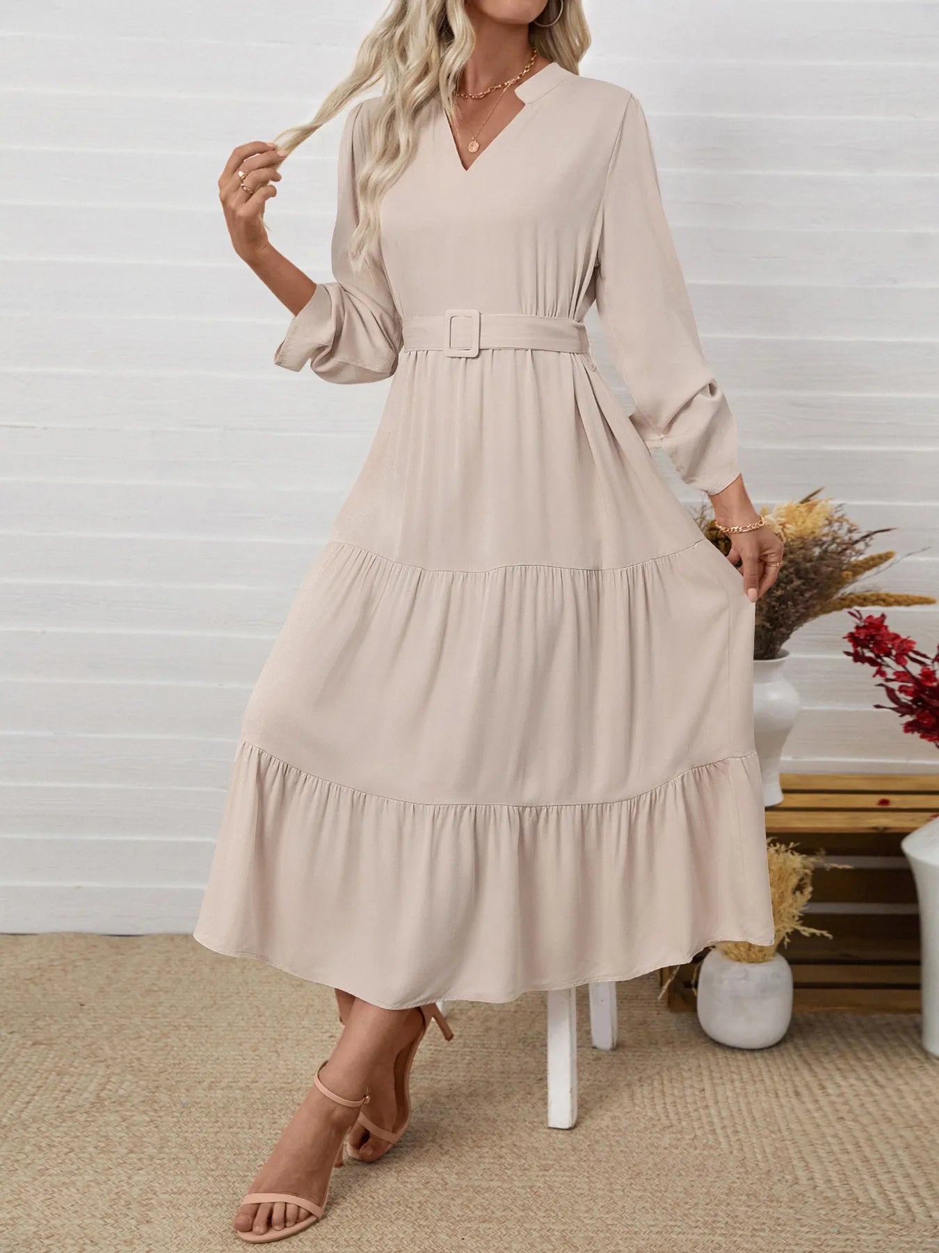 Tiered Notched Belted Midi Dress - Roe Creation
