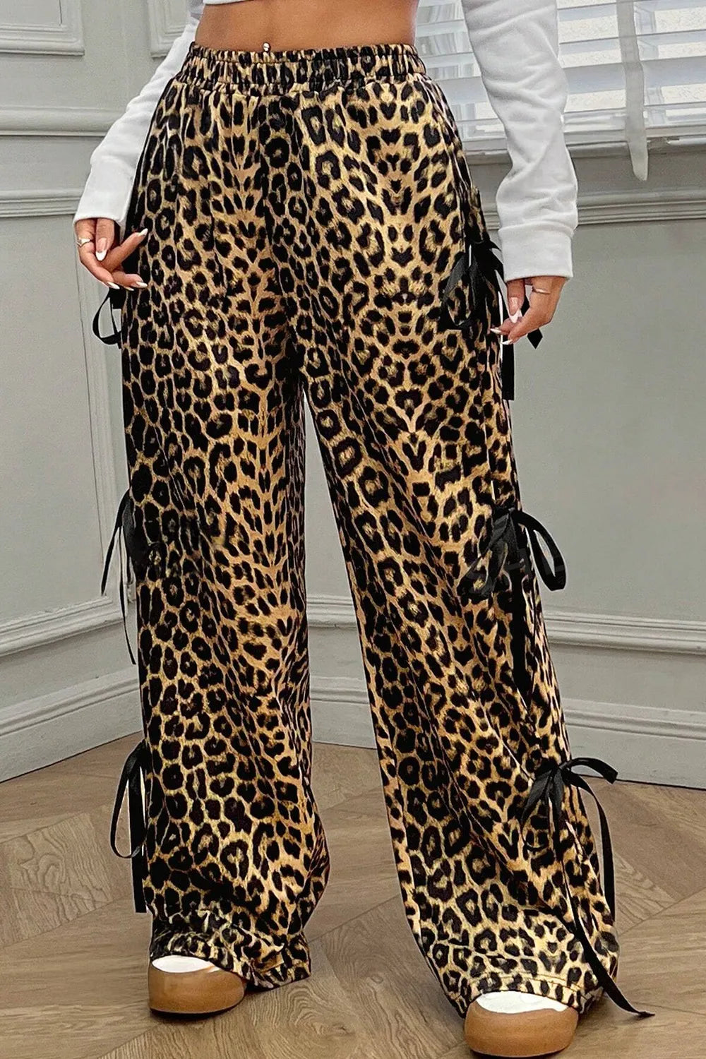 Leopard Bow Tie Elastic Waist Pants - Roe Creation