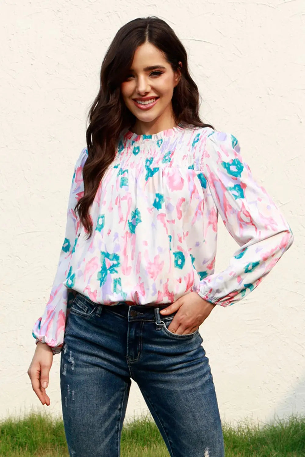 Floral Smocked Round Neck Blouse with Balloon Sleeves - Roe Creation