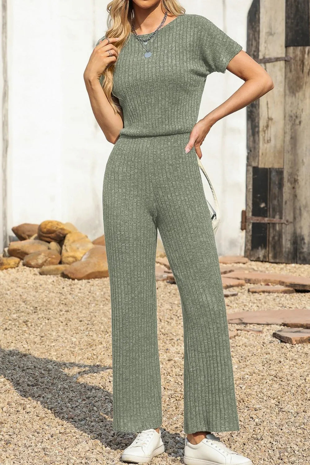 Ribbed Short Sleeve Wide Leg Jumpsuit - Roe Creation