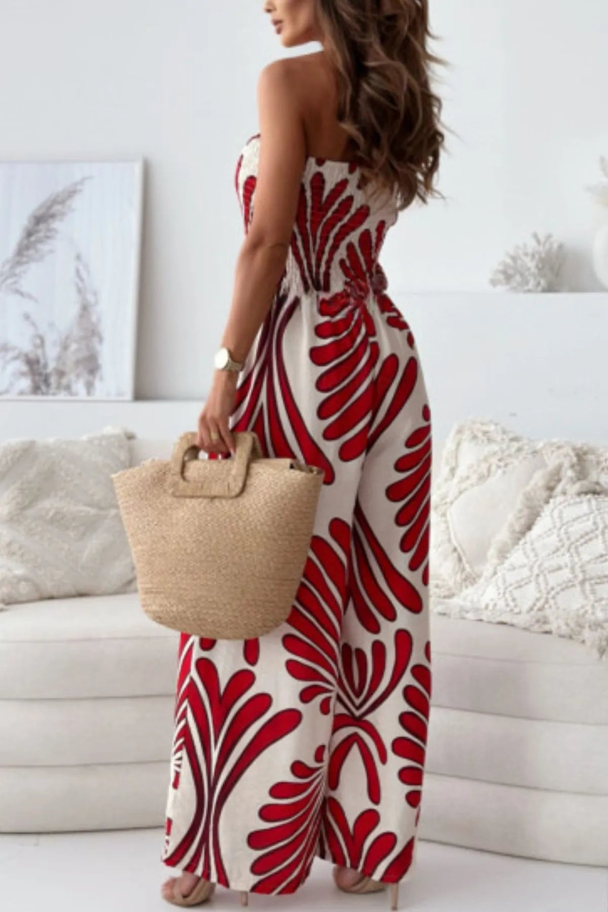 Printed Smocked Tube Wide Leg Jumpsuit - Roe Creation