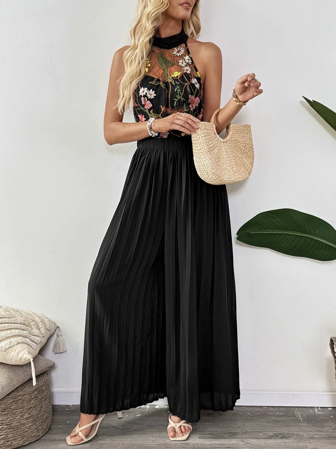 Floral Embroidered Halter Neck Pleated Jumpsuit - Roe Creation