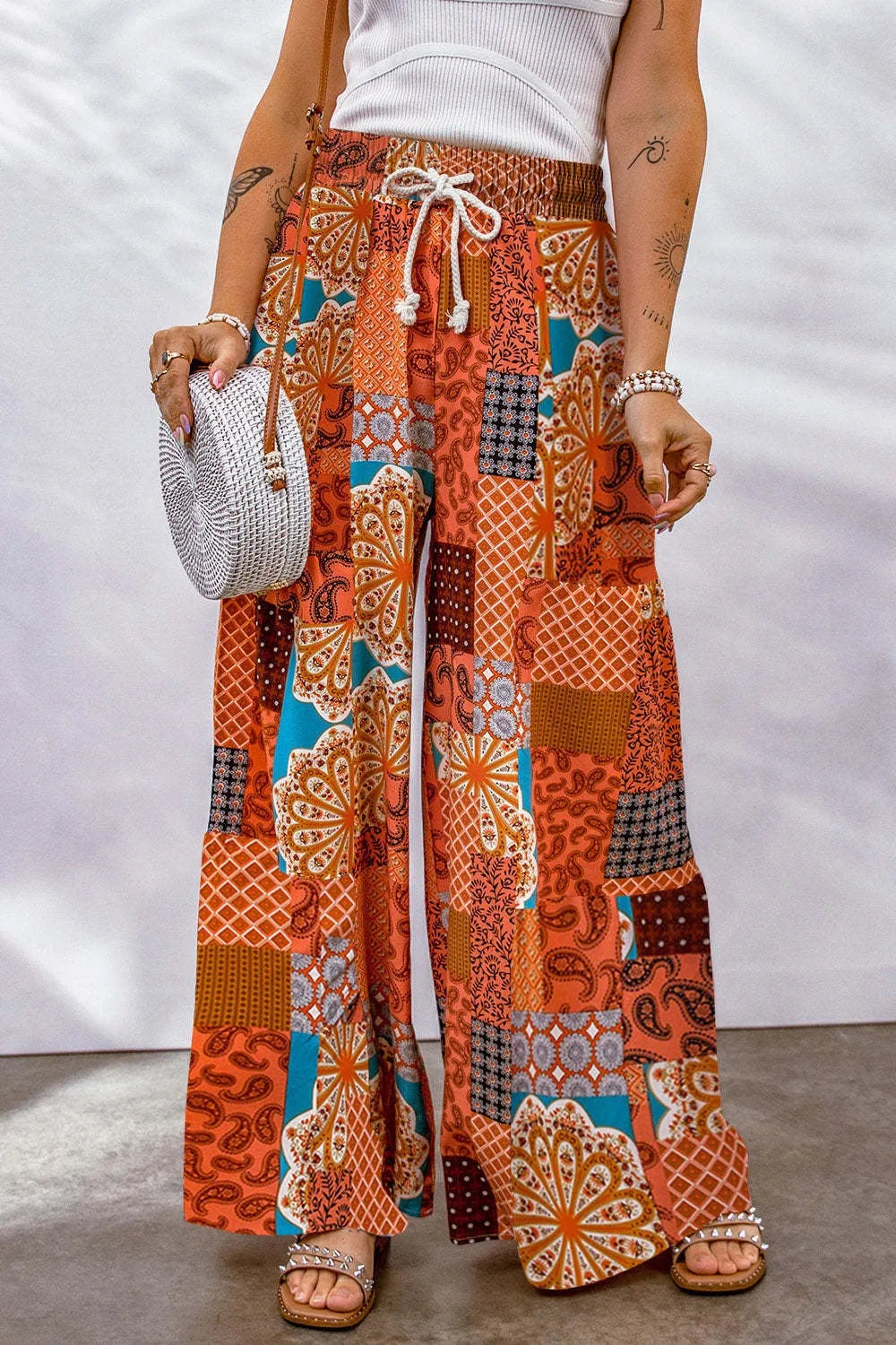 Full Size Drawstring Printed Wide Leg Pants - Roe Creation