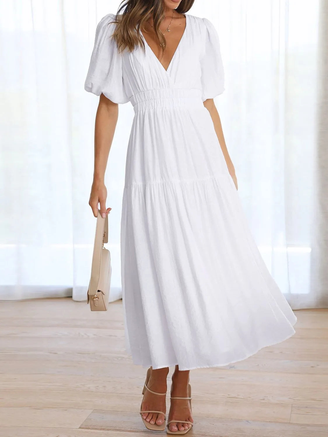 V-Neck Puff Sleeve Midi Dress - Roe Creation