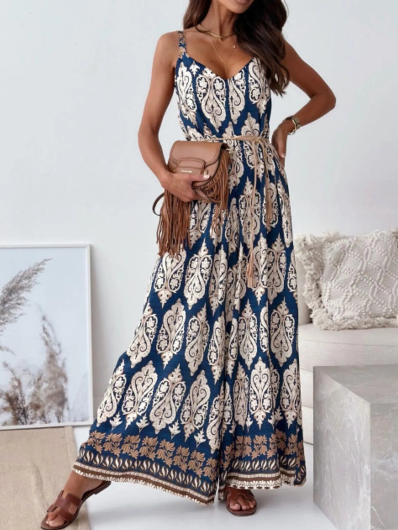 Paisley Print Spaghetti Strap Wide Leg Jumpsuit - Roe Creation