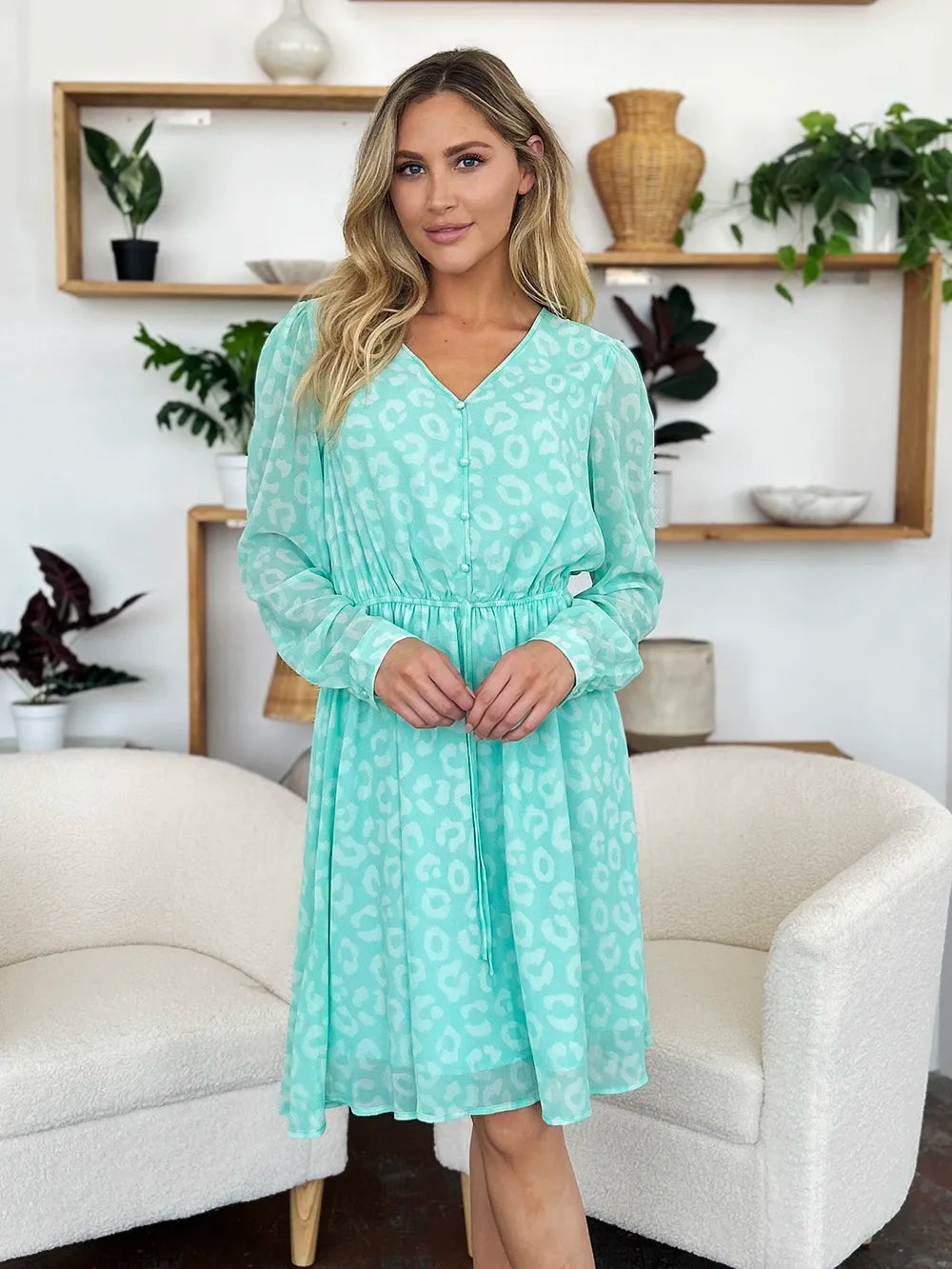 Double Take Full Size Printed Ruched V-Neck Long Sleeve Dress - Roe Creation
