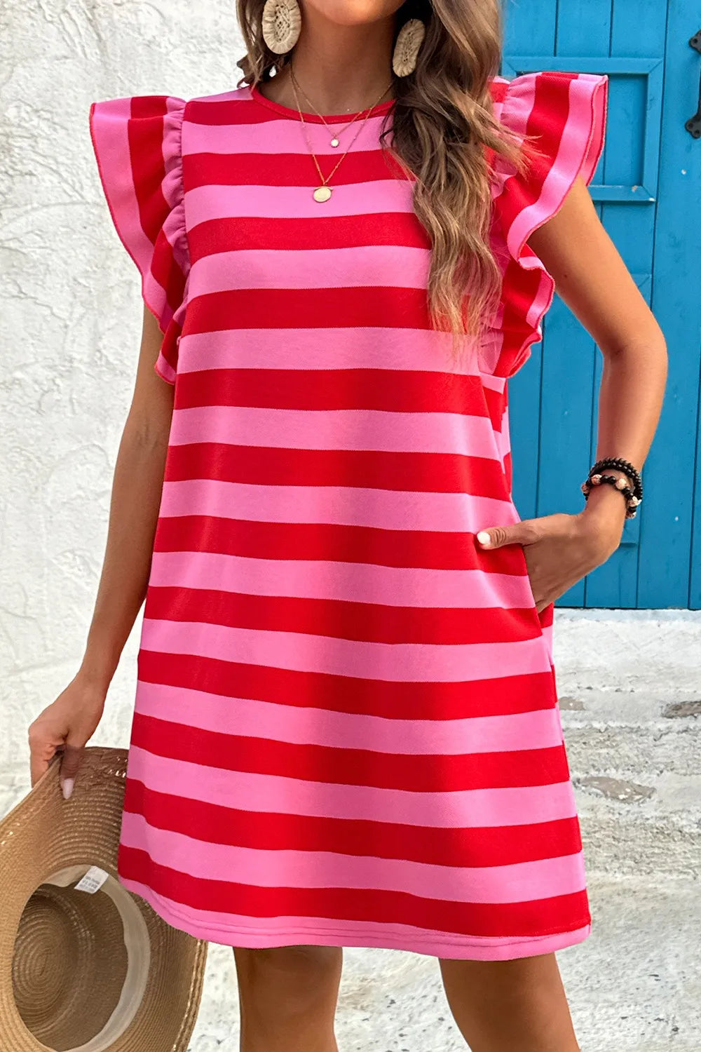 Striped Mini Dress with Cap Sleeves – Casual Summer Style - Roe Creation